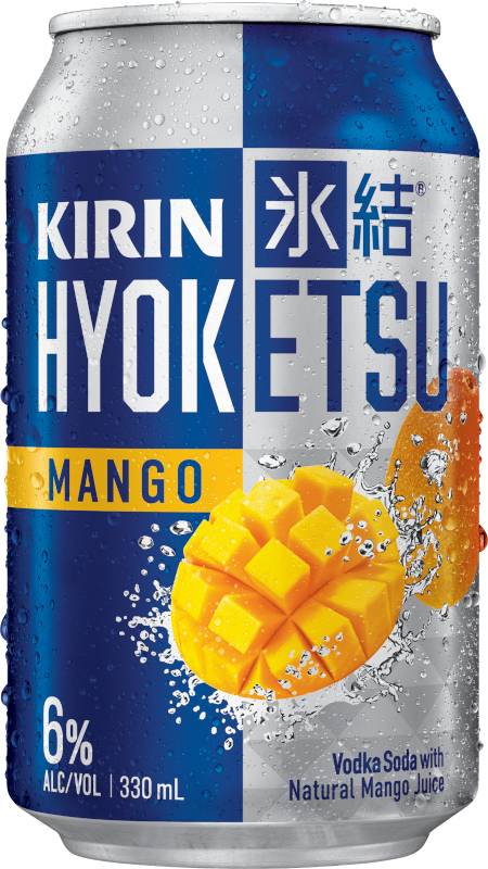 Can of Kirin Hyoketsu Mango vodka soda, blue/silver design with a mango illustration and water droplets, 6% alc/vol, 330 mL