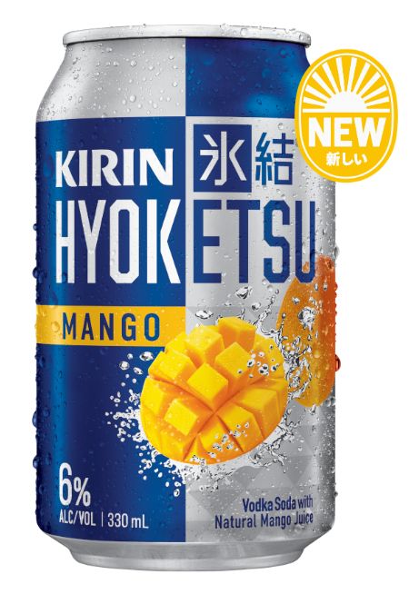 Kirin Hyoketsu Mango vodka soda can with a diced mango graphic and a New label (NEW).